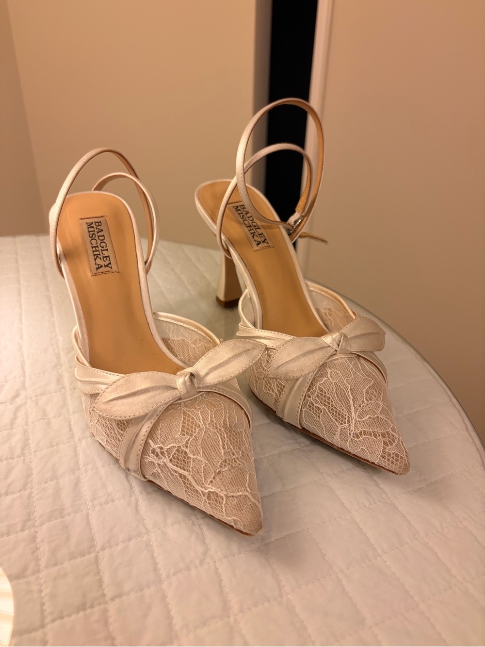 Badgley Mischka white satin Lace Pointed Slingback Heels